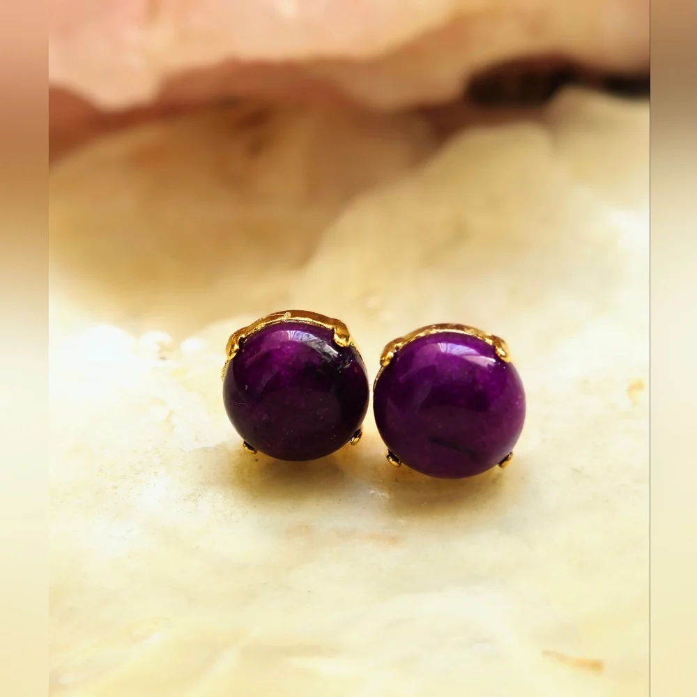 Purple Jade Stud Earrings In 18K Gold Plated